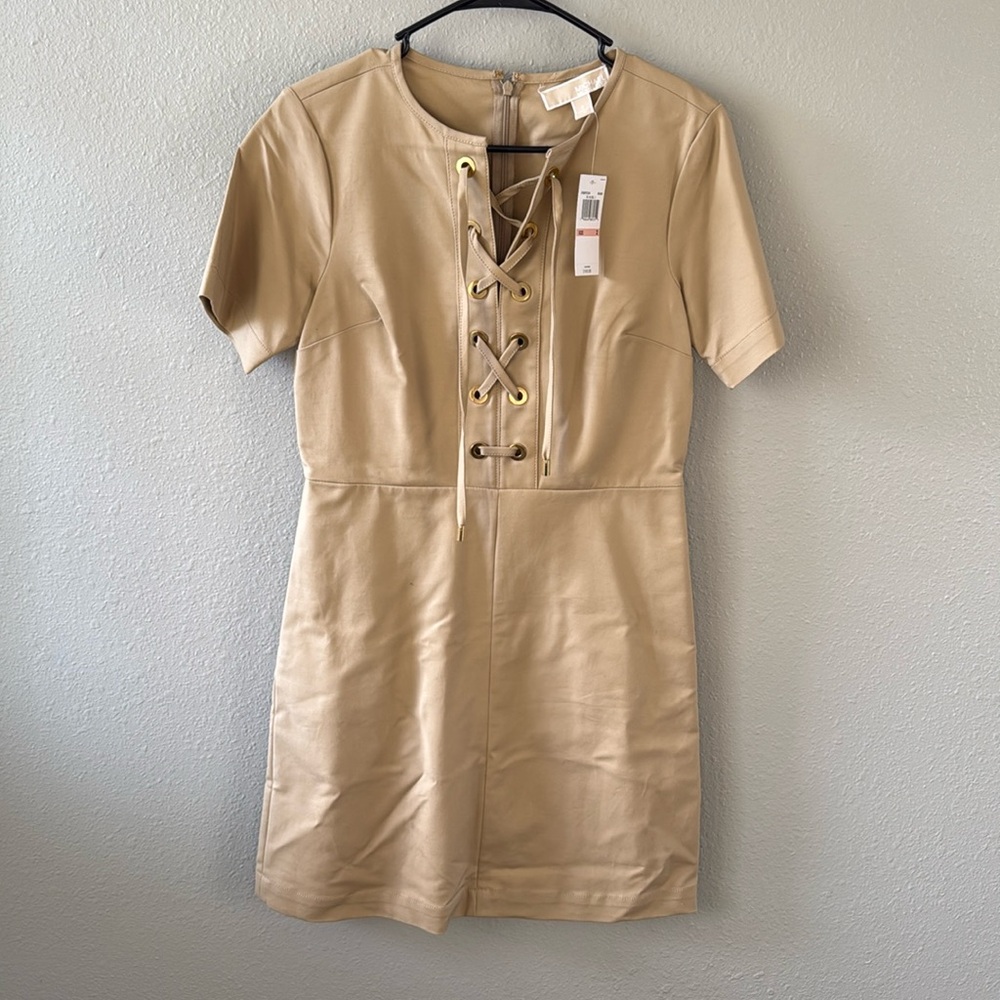 NWT Michael Kors Lace Up Mini Dress with Short Sleeves and Gold Harware
